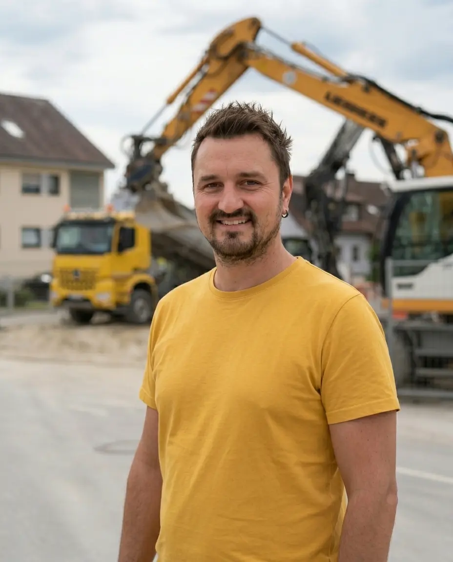 Peter Sporrädle vor Bagger und Lkw auf einer Baustelle
